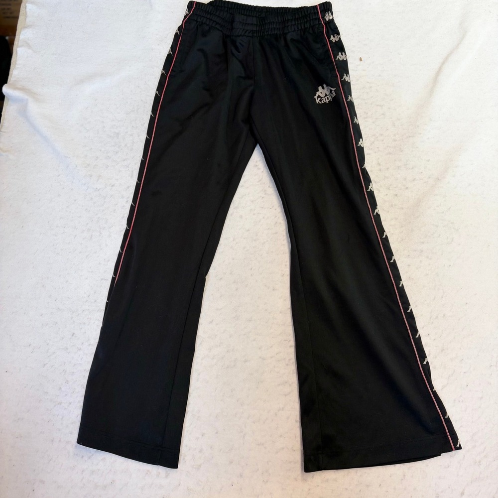 Kappa Track Pants Womens Medium Black Logo Tape Side Stripe Flare Leg